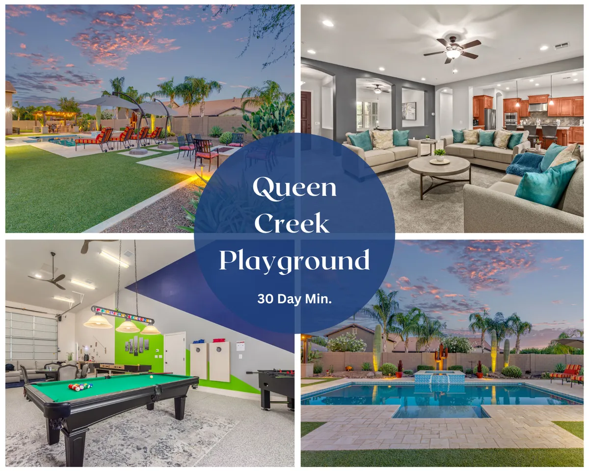 The image showcases a beautifully landscaped backyard oasis at sunset, featuring a sparkling heated pool and spa, inviting outdoor seating and dining areas, and a glimpse of the sleek game room just off the main living space. The scene evokes a sense of relaxation and fun, with ample room for swimming, entertaining, and enjoying the Arizona evenings.